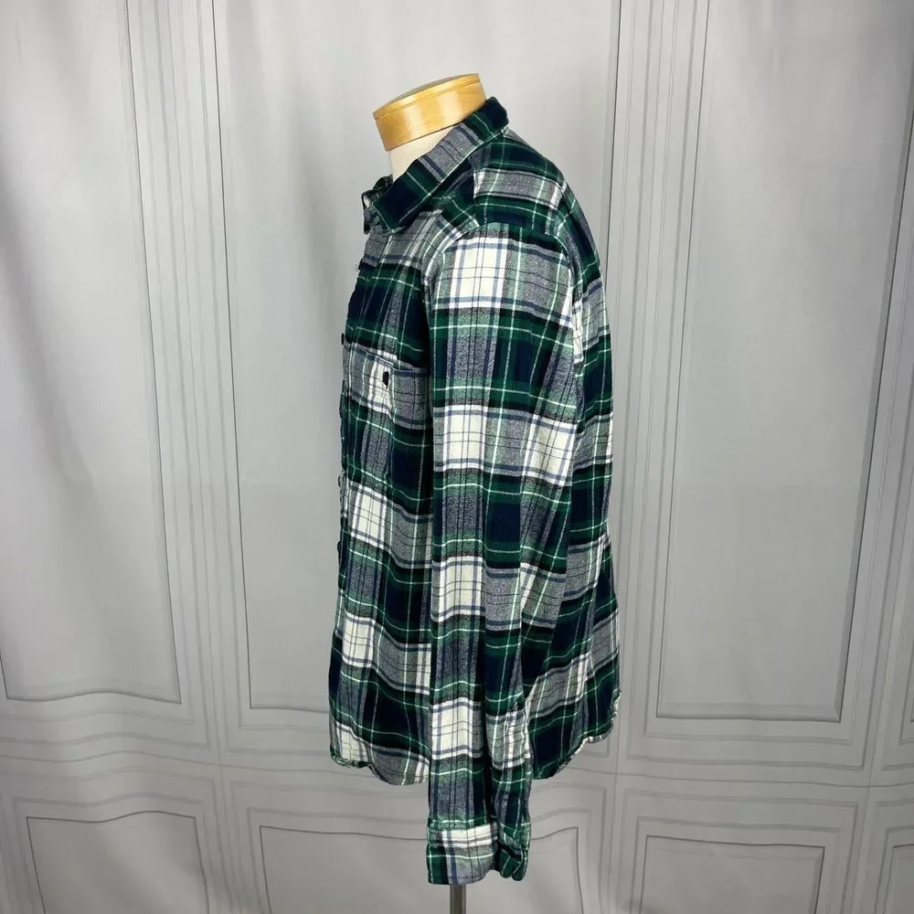 J.‎ Crew-Double Brushed Flannel Plaid Button Down Shirt-Slim Fit -Green Navy-XL